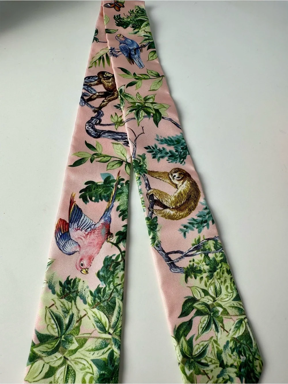 Pink Silk Twilly Scarf with Tropical Bird Print